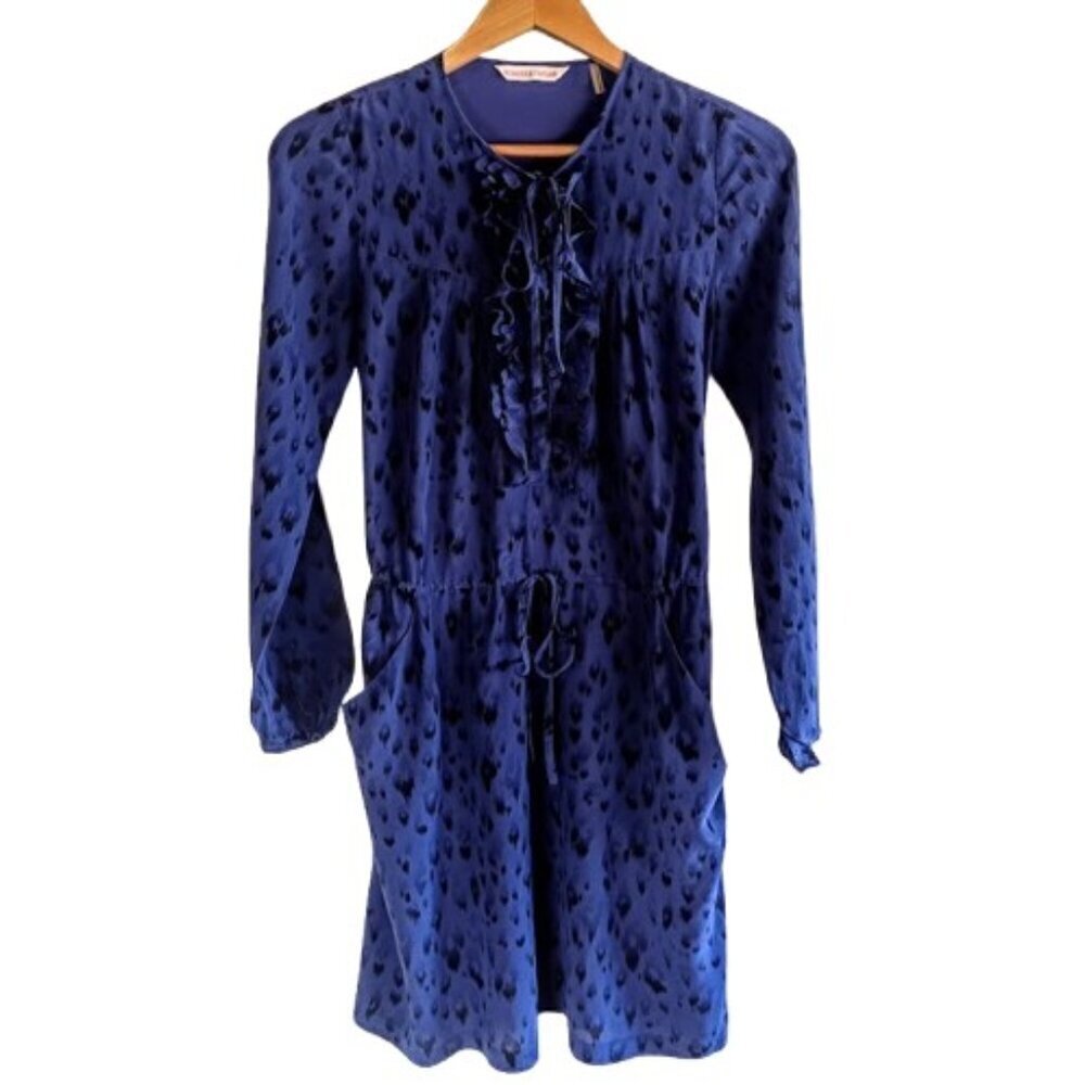 Rebecca Taylor Blue Silk Print Ruffle Front Dress